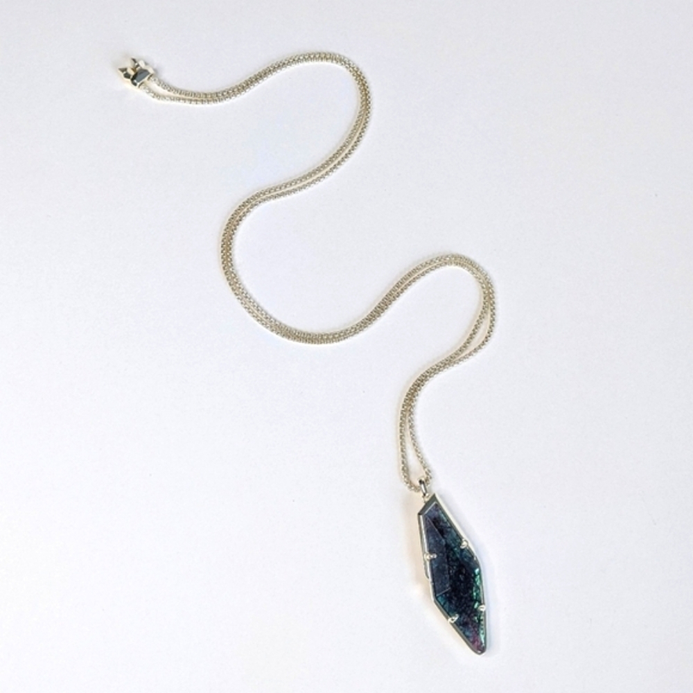 Kendra Scott Beatrice Teal Crackle Illusion Pendant Adjustable Necklace GoldTone